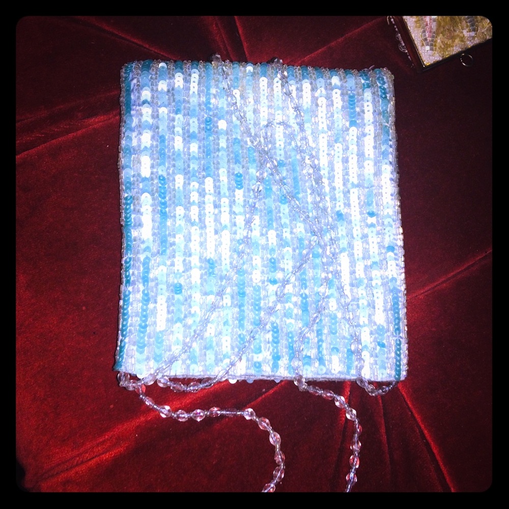 VINTAGE Moyna Baby Blue Handbeaded Bag W/ Crystals